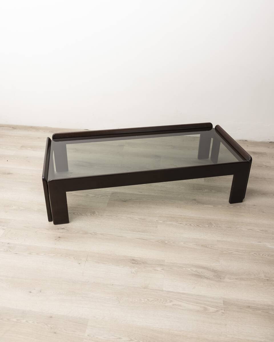Table vintage années 70 en bois et verre design afra et tobia scarpa