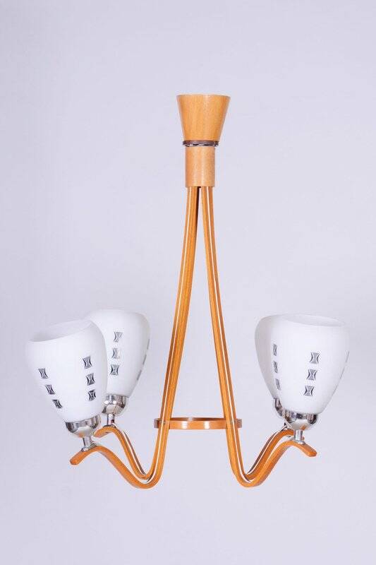 Mid-Century Chandelier in Beech and Glass from Dřevo Humpolec, Czech Republic, 1960s