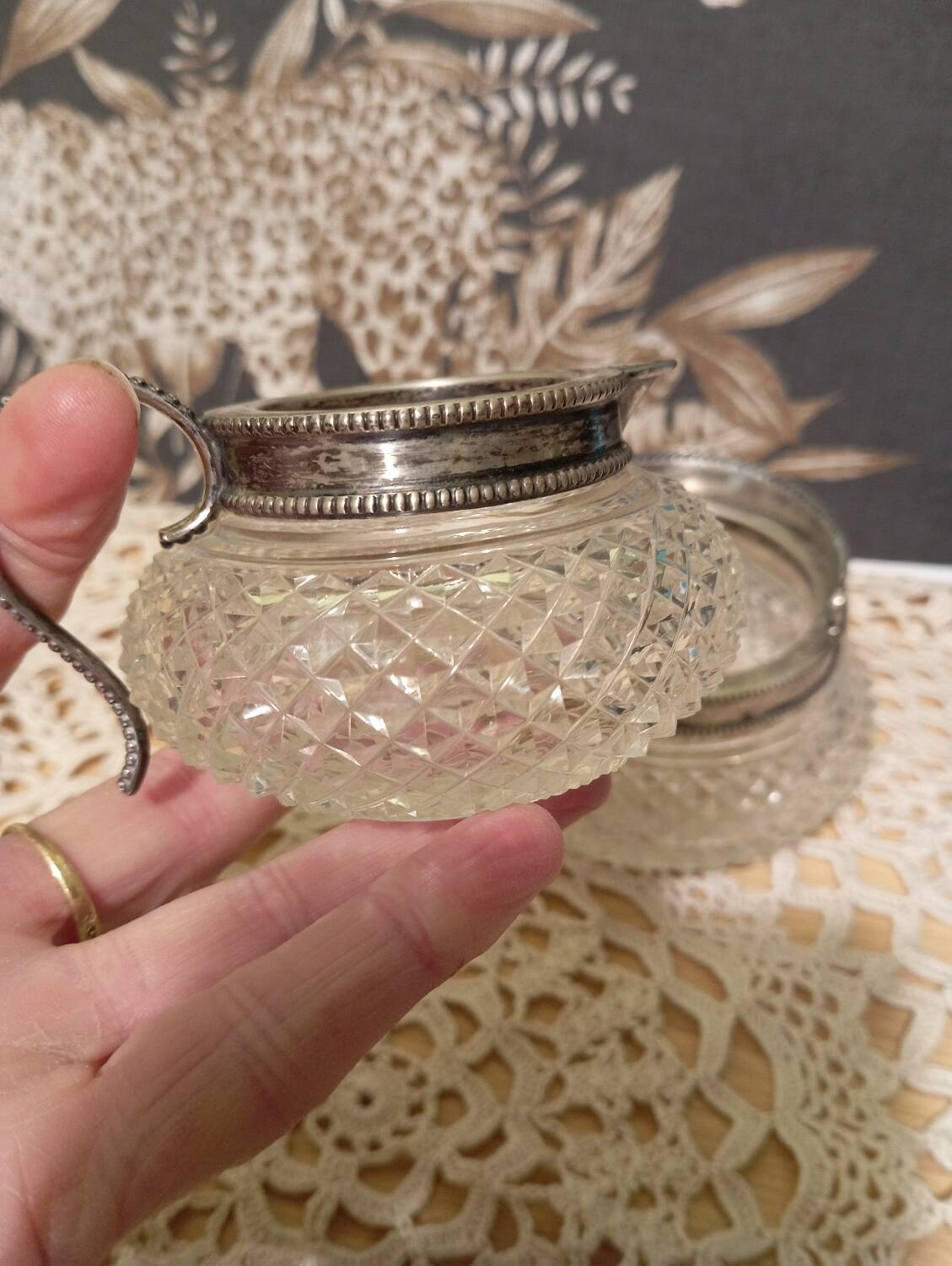 Creamer and jam maker in diamond-point crystal and silver rim, circa 1930