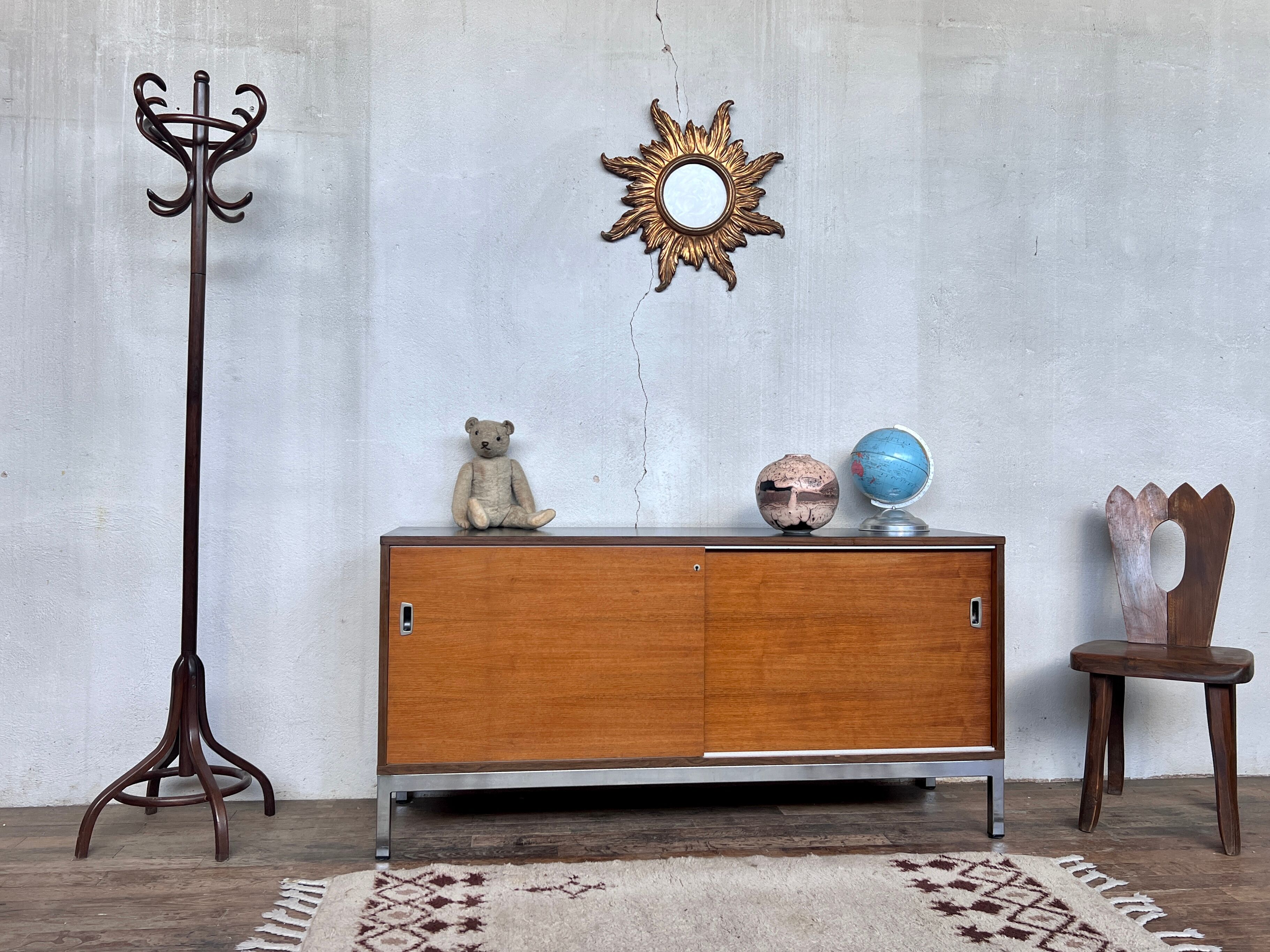 Enfilade 2 sliding doors in teak feet vintage chrome