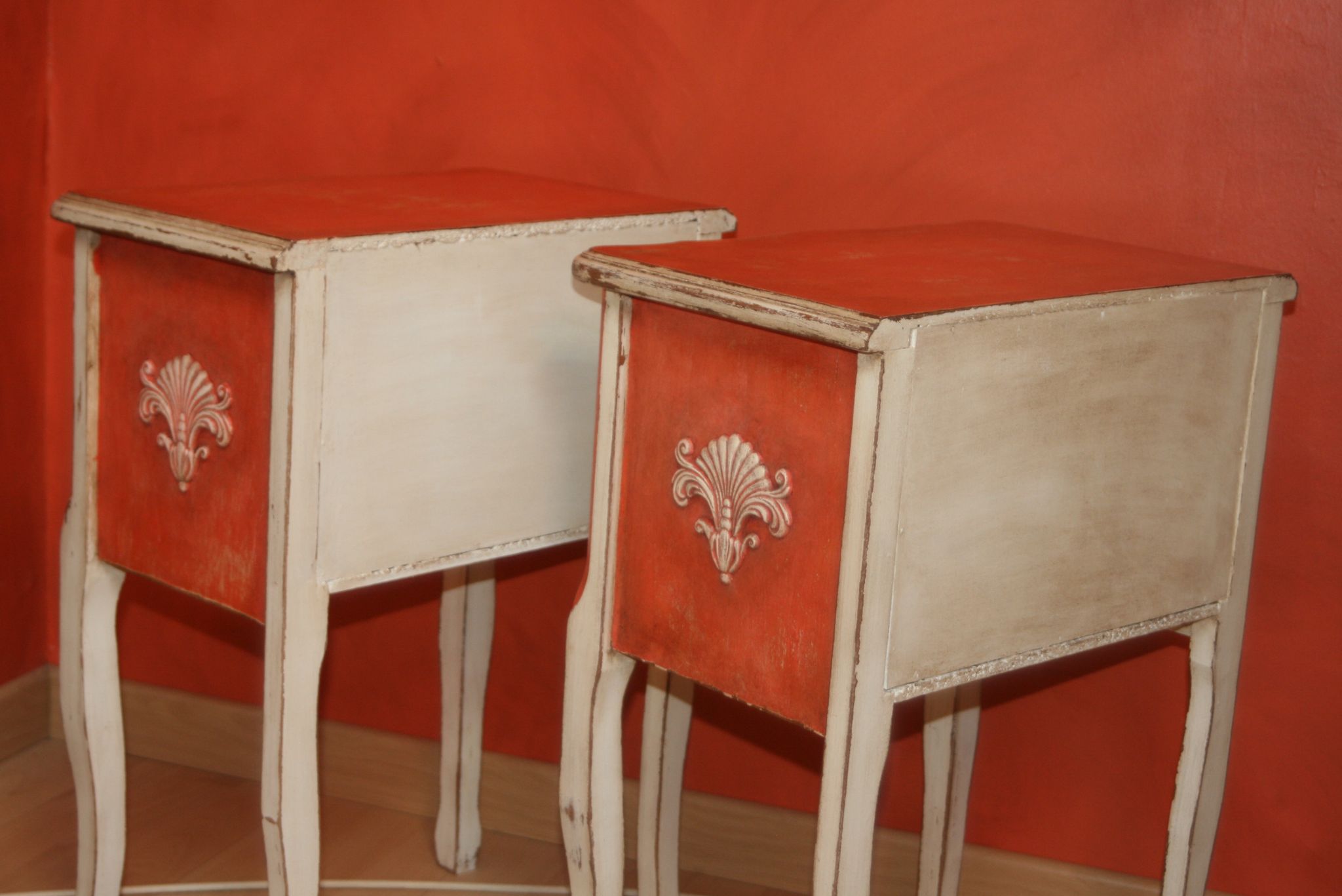 Pair of bedsides revamped red and white antique skated shabby
