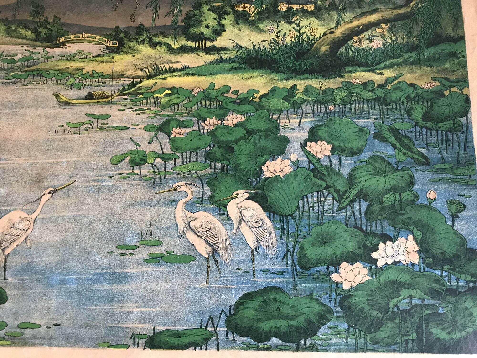Ancient ESTAMPE of ASIA with Polychrome Decoration of Natural Landscape and Herons, XIXth
