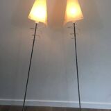 Pair of designer parquet floor lamps composed of lacquered metal and chrome bases and designer white plastic lampshades