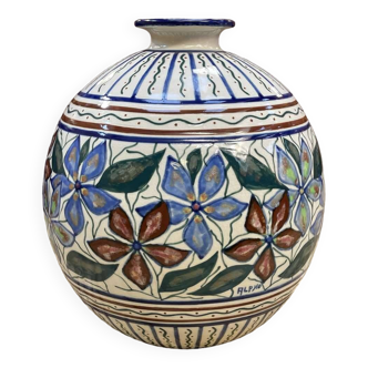 Large ball vase with floral decoration by ceramist Alphonse Mouton, 1930s