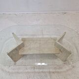 Italian Coffee Table in Travertine and Facet Cut Glass, 1980s