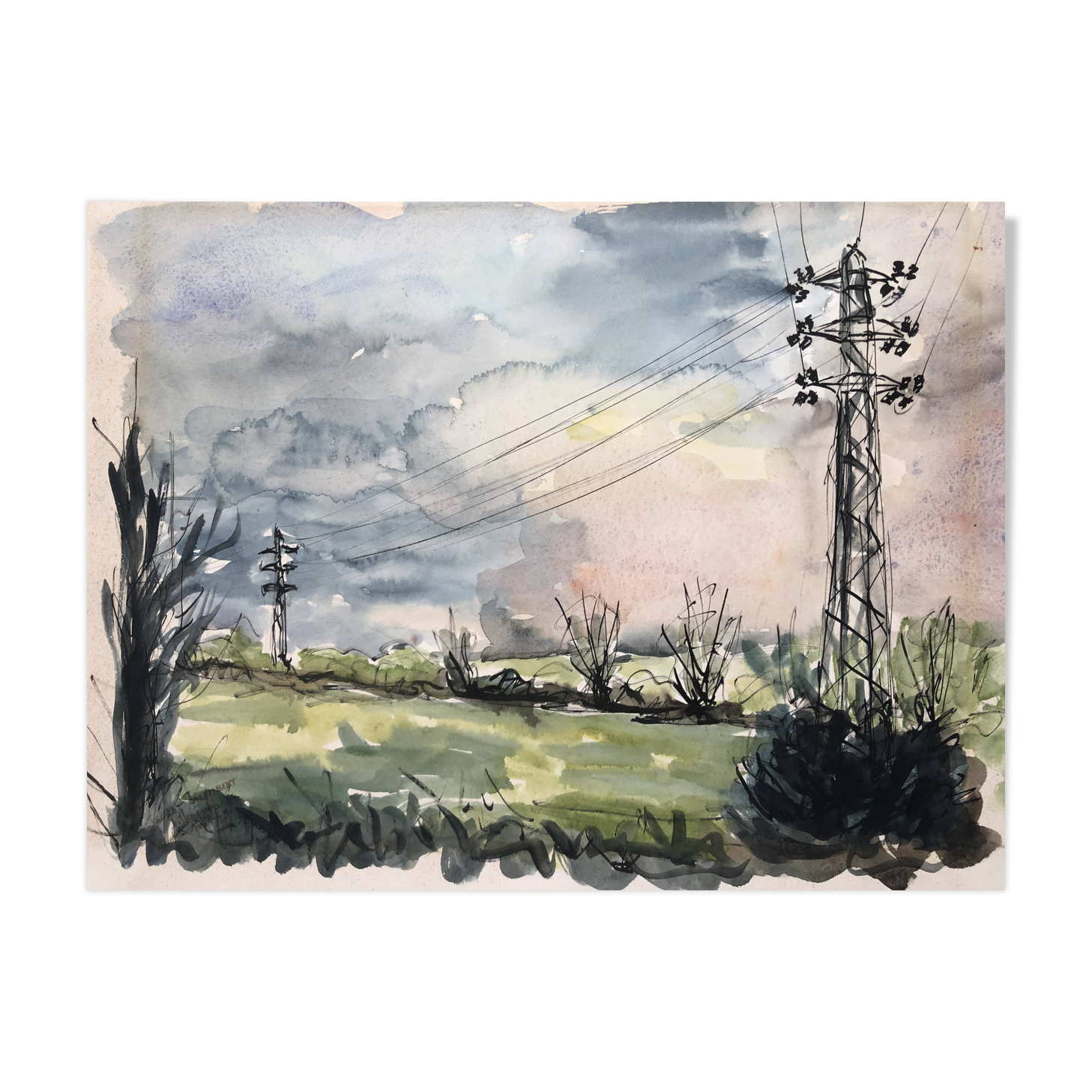 Watercolor & black ink landscape of villecresnes 94 val de marne, pylons, signed suzel calembert