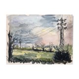 Watercolor & black ink landscape of villecresnes 94 val de marne, pylons, signed suzel calembert