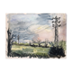 Aquarelle & encre noire paysage de villecresnes 94 val de marne, pylônes, signé suzel calembert