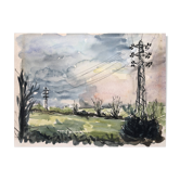 Aquarelle & encre noire paysage de villecresnes 94 val de marne, pylônes, signé suzel calembert
