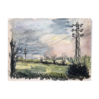 Watercolor & black ink landscape of villecresnes 94 val de marne, pylons, signed suzel calembert