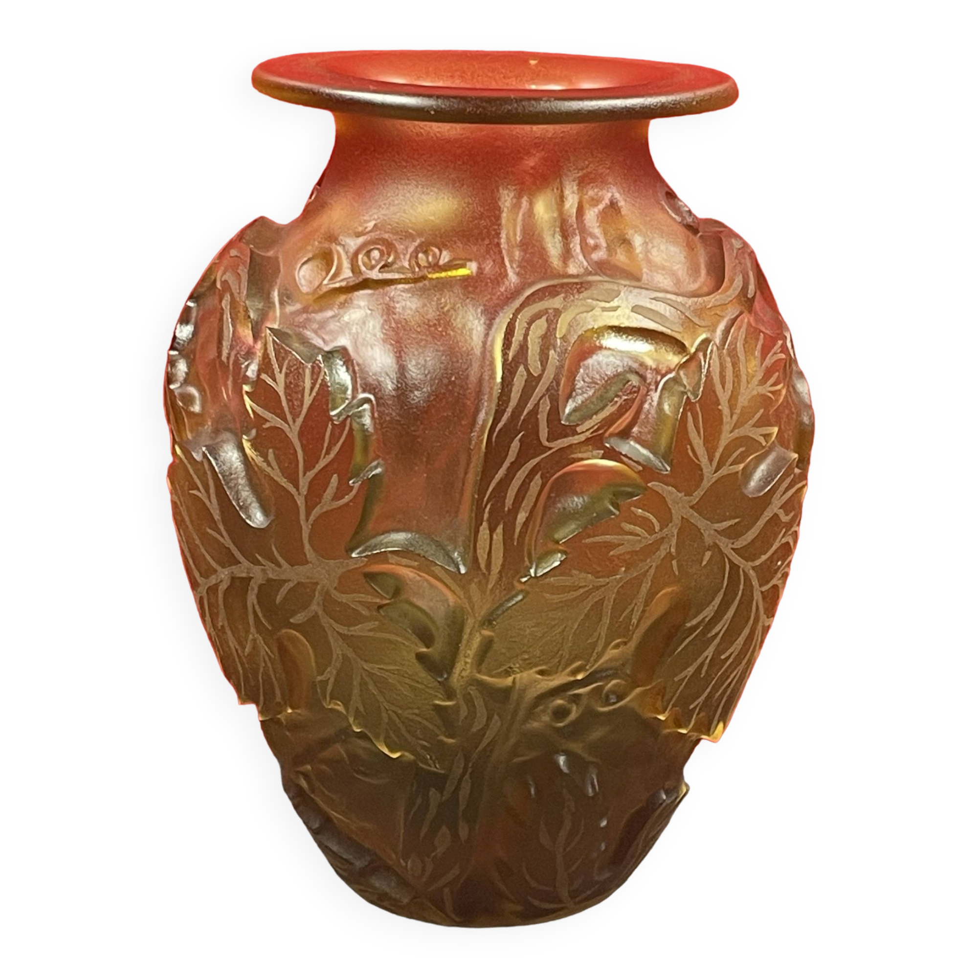 Très beau vase verre  pampre et feuilles de vigne, curieusement non signé 22 cm