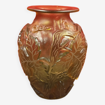 Très beau vase verre  pampre et feuilles de vigne, curieusement non signé 22 cm