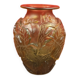 Very beautiful grapevine and vine leaves glass vase, curiously unsigned 22 cm