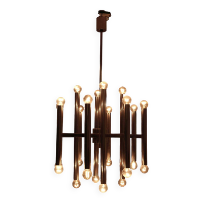 Grand lustre tubulaire Sciolari en laiton, Italie années 1960