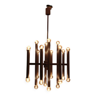 Large tubular Sciolari chandelier in brass, Italy 1960s