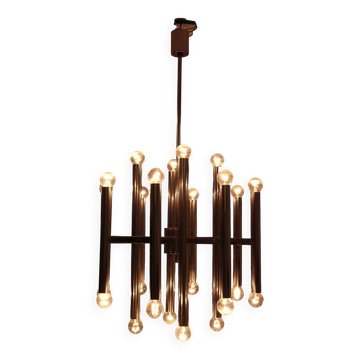 Grand lustre tubulaire Sciolari en laiton, Italie années 1960