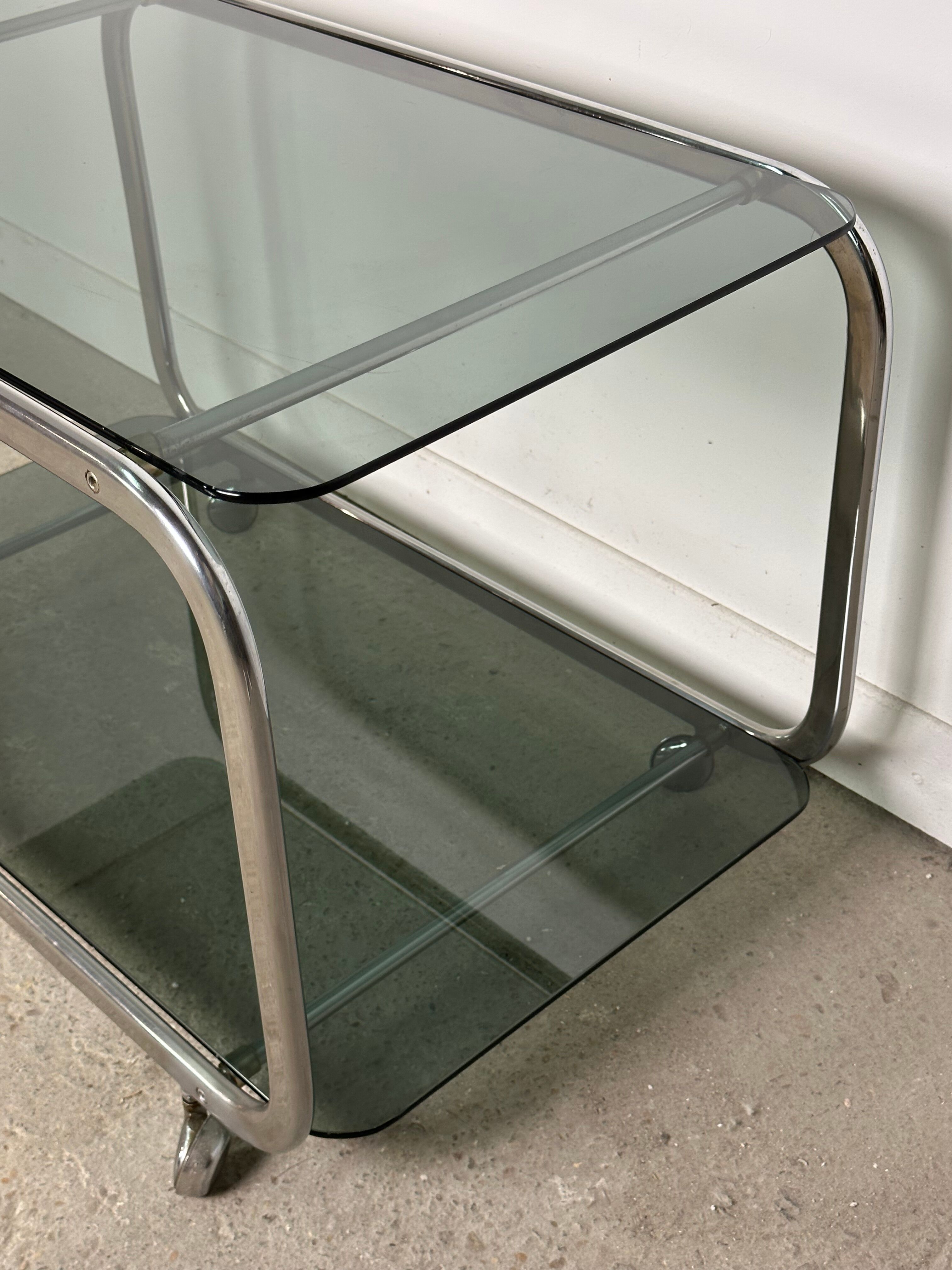 Dessert / rolling table vintage 60'S silver metal top smoked glass