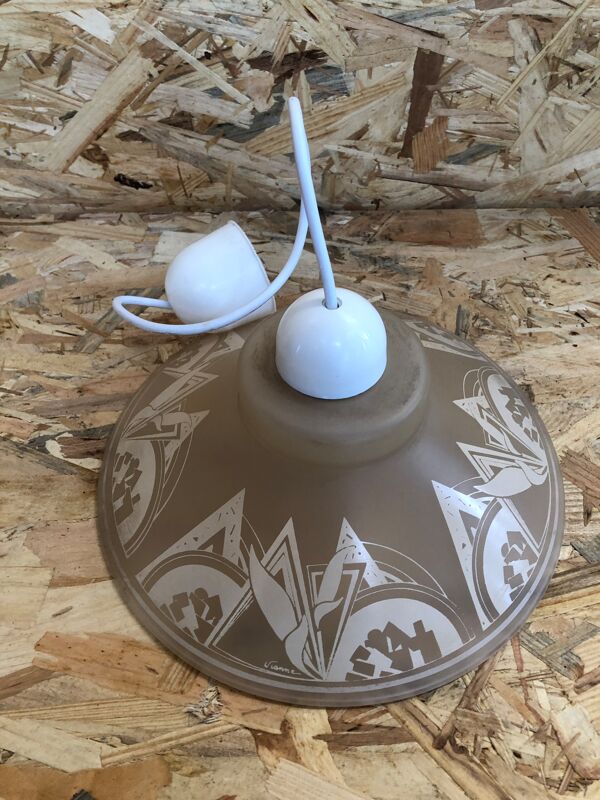Ancienne paire suspension vianne verre moulé + décor + fil blanc vintage