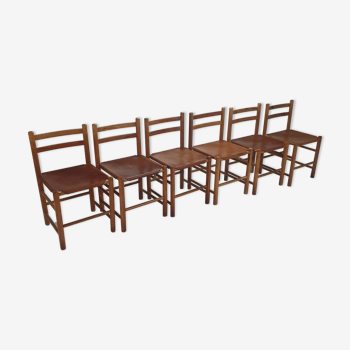 Ensemble de 6 chaises à manger en pin et en cuir du milieu du siècle par Ate van Apeldoorn années 1960