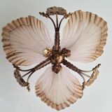 Art Deco ceiling chandelier in bronze and glass paste, old vintage light fixture dimensions 45x45