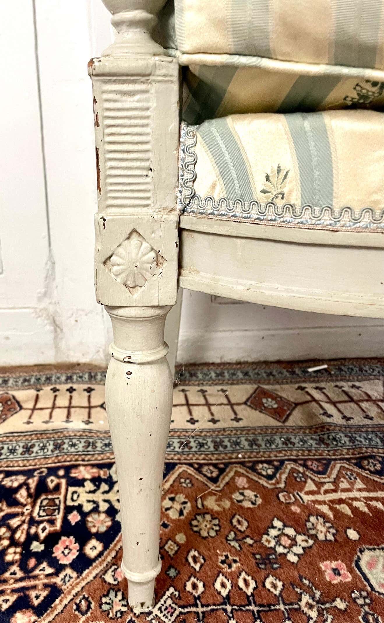 Directoire French silk sofa bench with blue, grey and white 18th century patterns