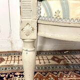 Directoire French silk sofa bench with blue, grey and white 18th century patterns