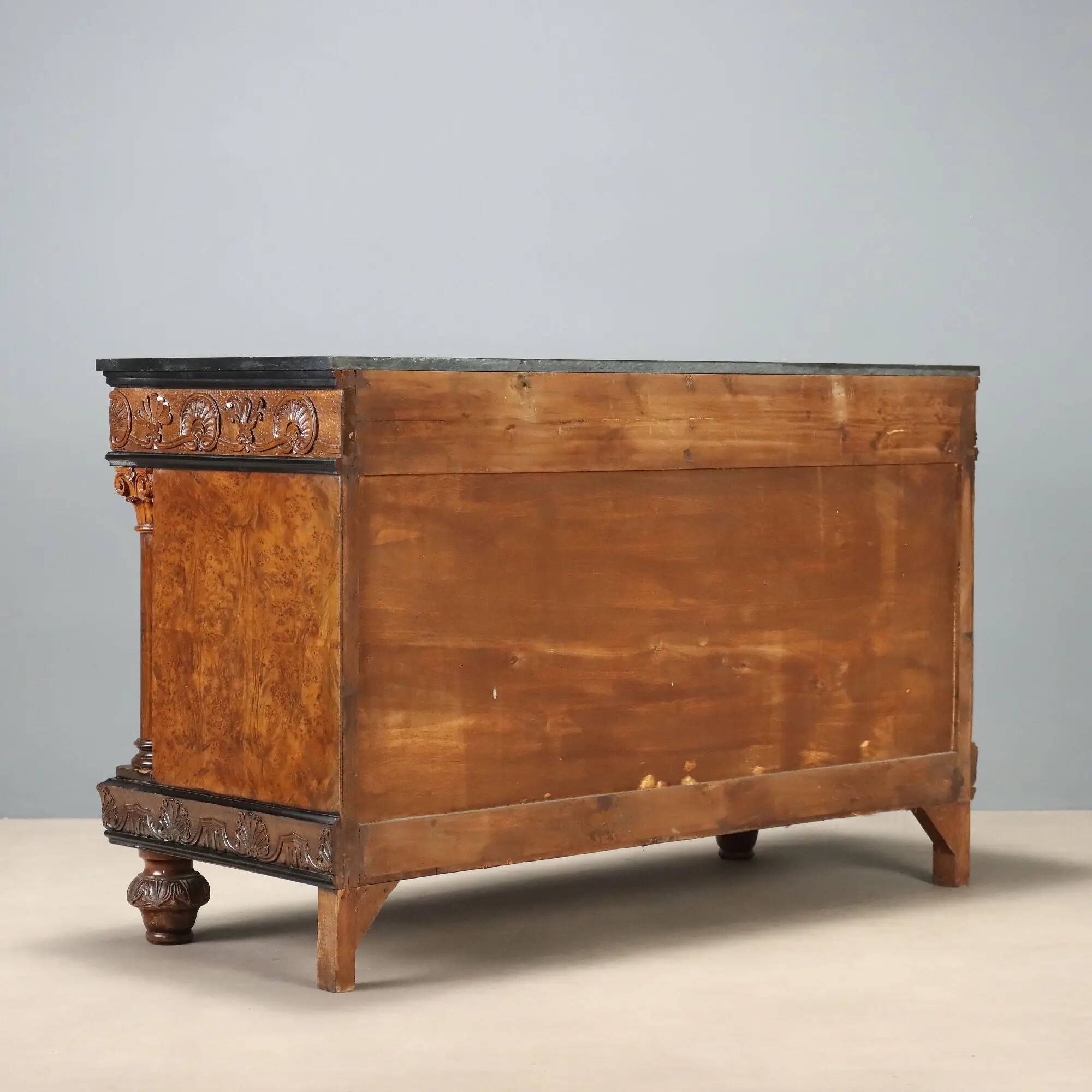 Antique walnut burl commode with marble top, Italy, 20th century.
