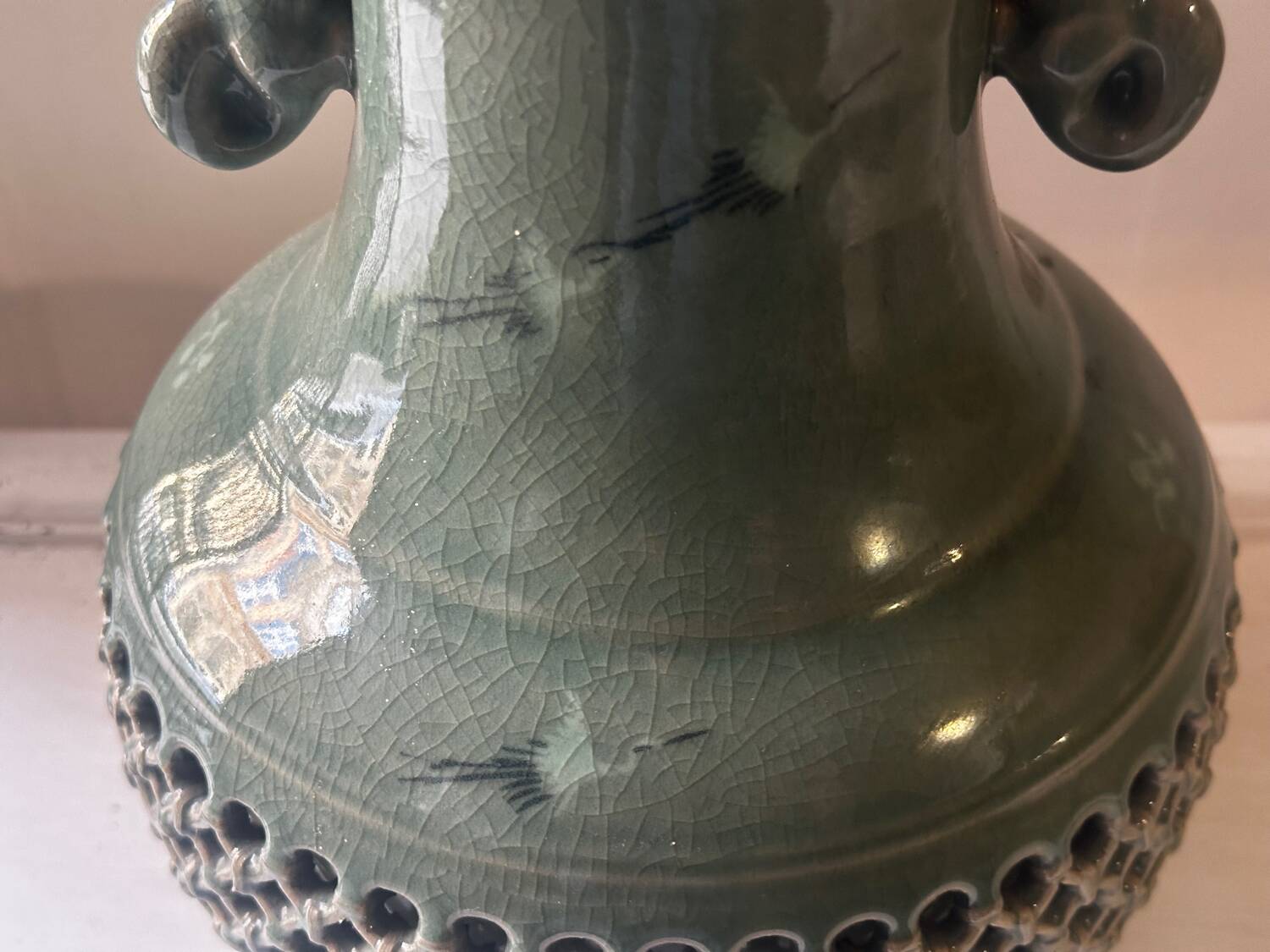 Celadon vase with openwork cranes H 29 cm
