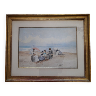 Tableau des années 20 scène de bord de mer