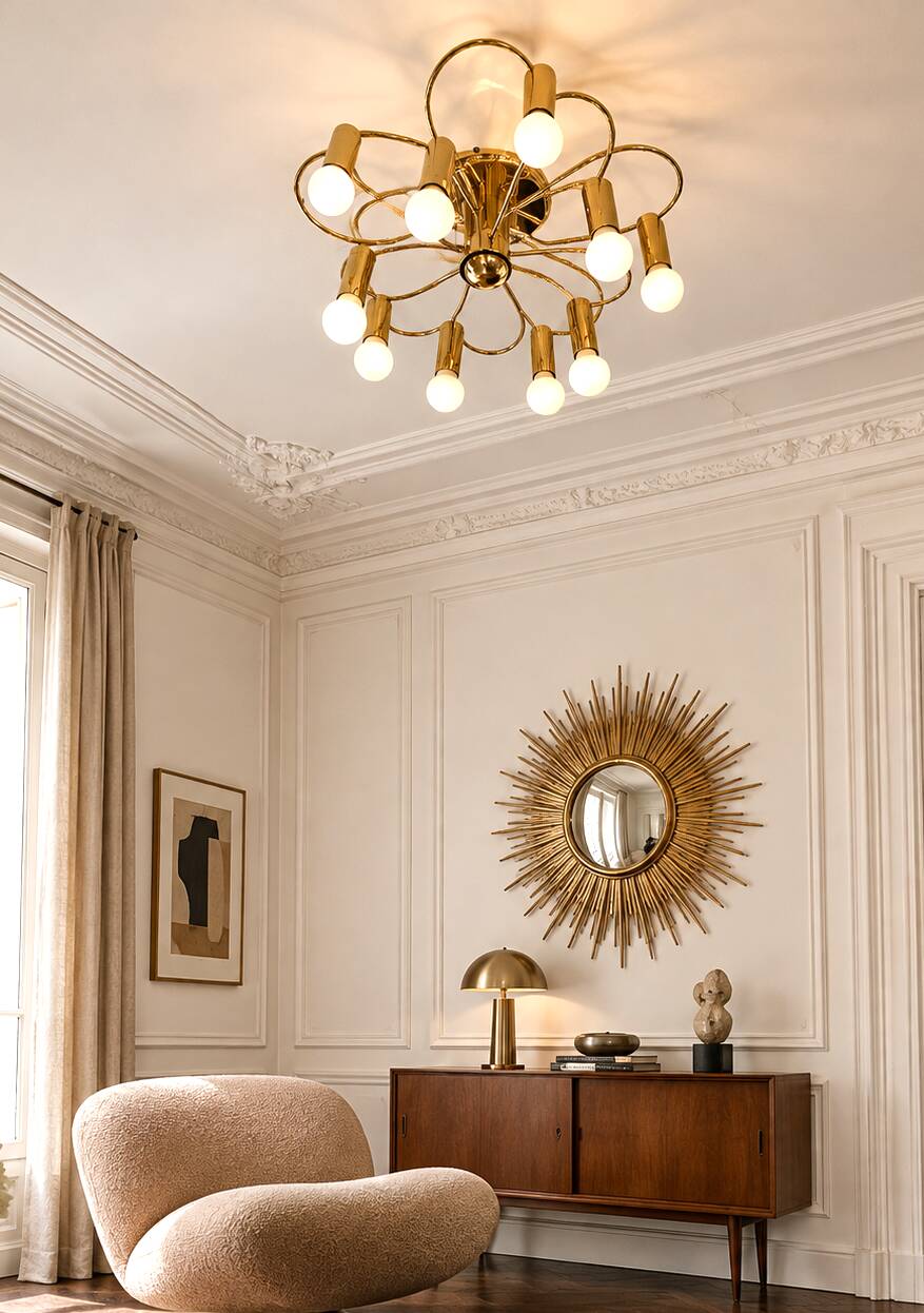 Honsel Leuchten ceiling light with 10 brass lights, Mid Century, 1970s.
