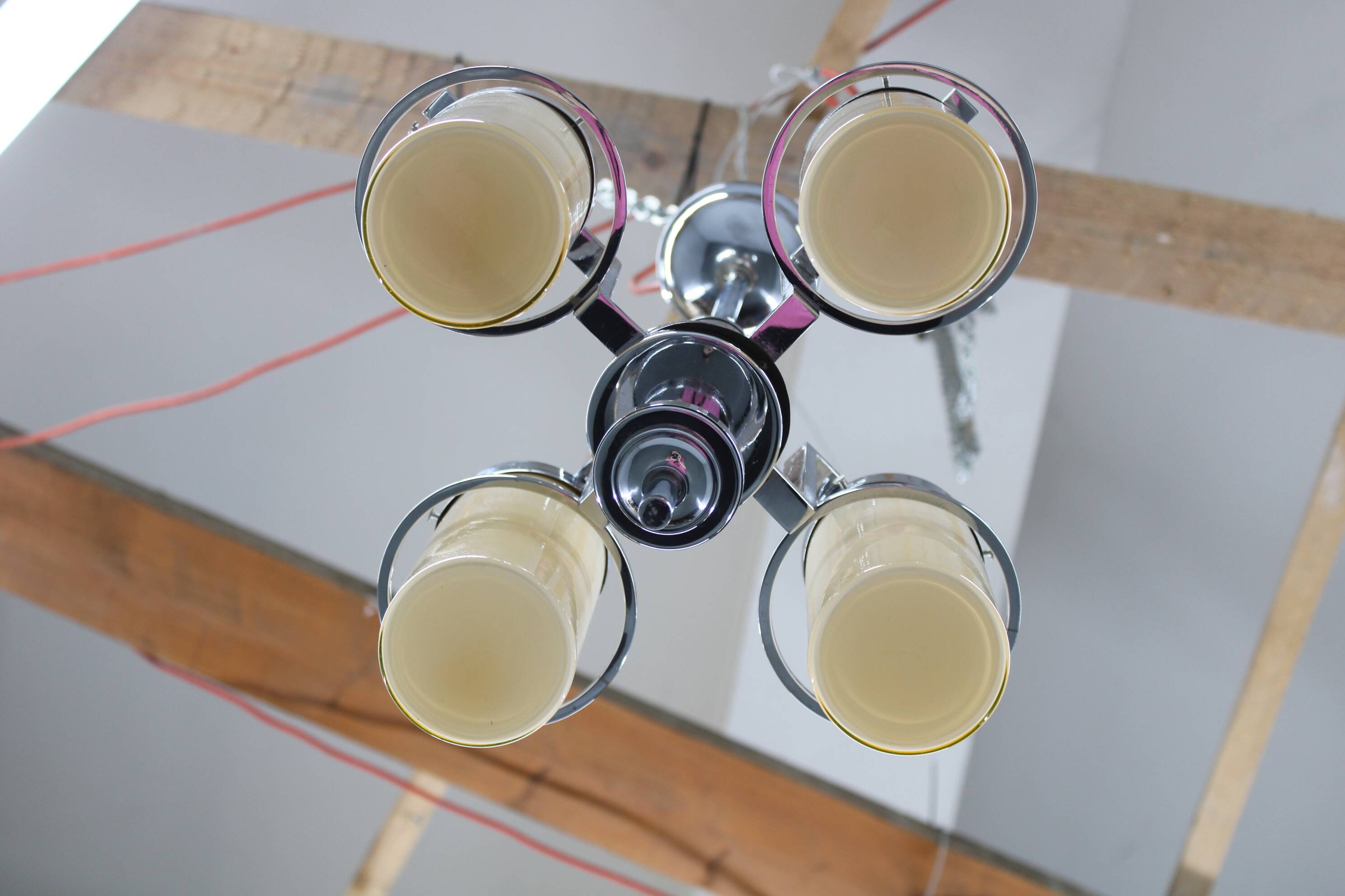 Restored Bauhaus/Art Deco chrome & glass chandelier, Czechoslovakia, 1930s