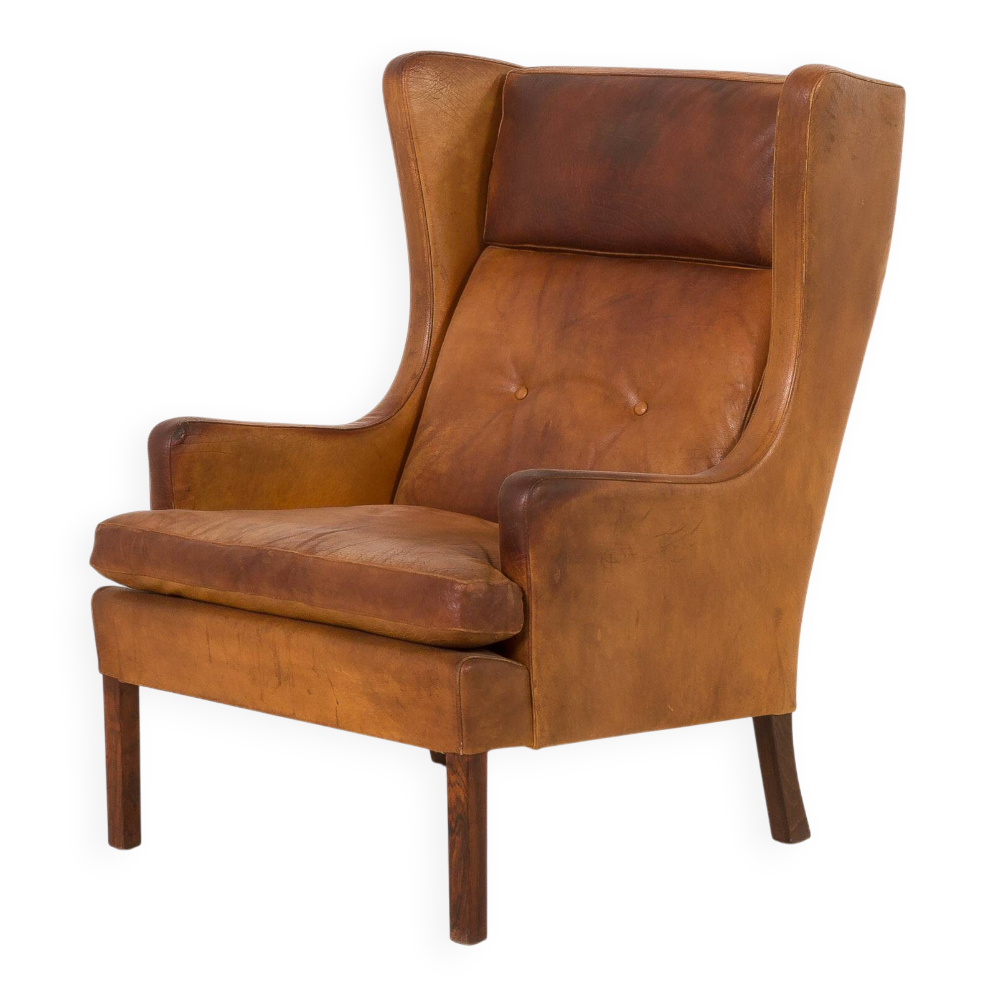 Fauteuil danois vintage en cuir de buffle, style Børge Mogensen, années 1960.