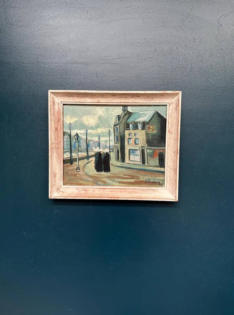 Original Swedish Oil on Panel – "Figures in the Street" by R. Eichburn – Signed – Dated 1936 – Framed – 47 × 39 cm (18.5" × 15.4")