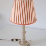Candlestick lamp, Antique turned wooden base & Striped lampshade