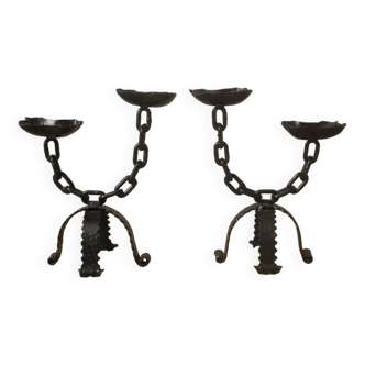 Pair of wrought iron candle holders chain brutalist design handcrafted metal candlestick