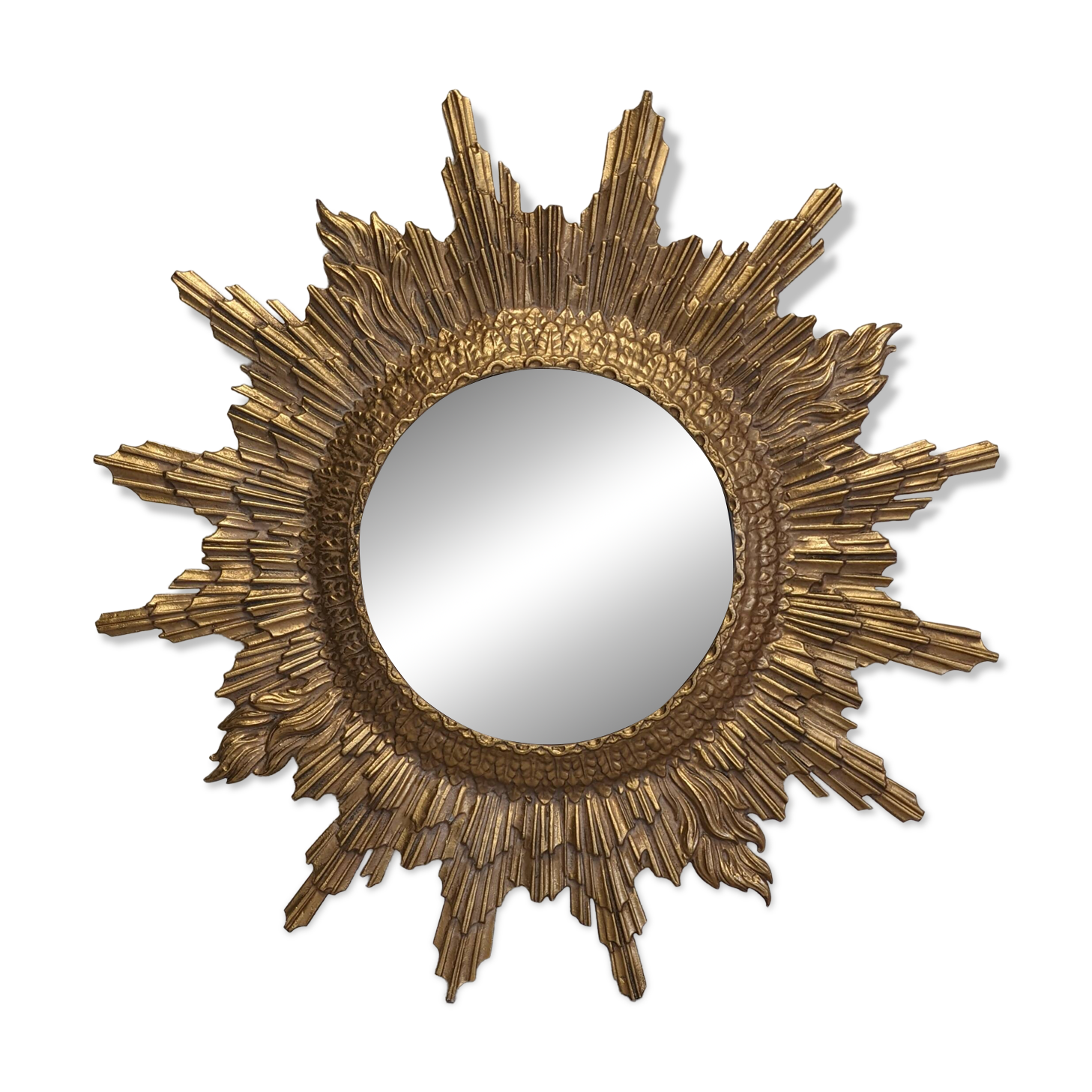 XL witch's eye sun mirror in gilded metal, Italy circa 1970