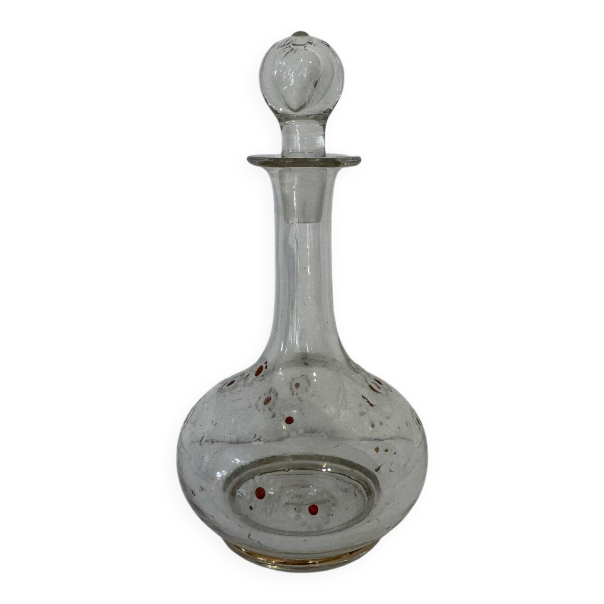 Antique blown glass carafe, enamelled with floral decoration, in the style of Legras.