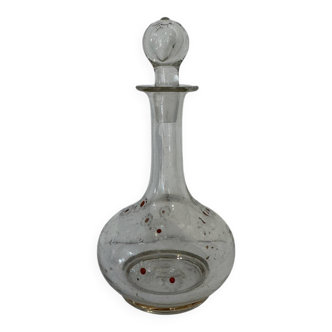 Antique blown glass carafe, enamelled with floral decoration, in the style of Legras.