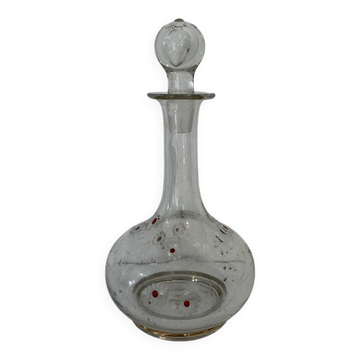 Antique blown glass carafe, enamelled with floral decoration, in the style of Legras.