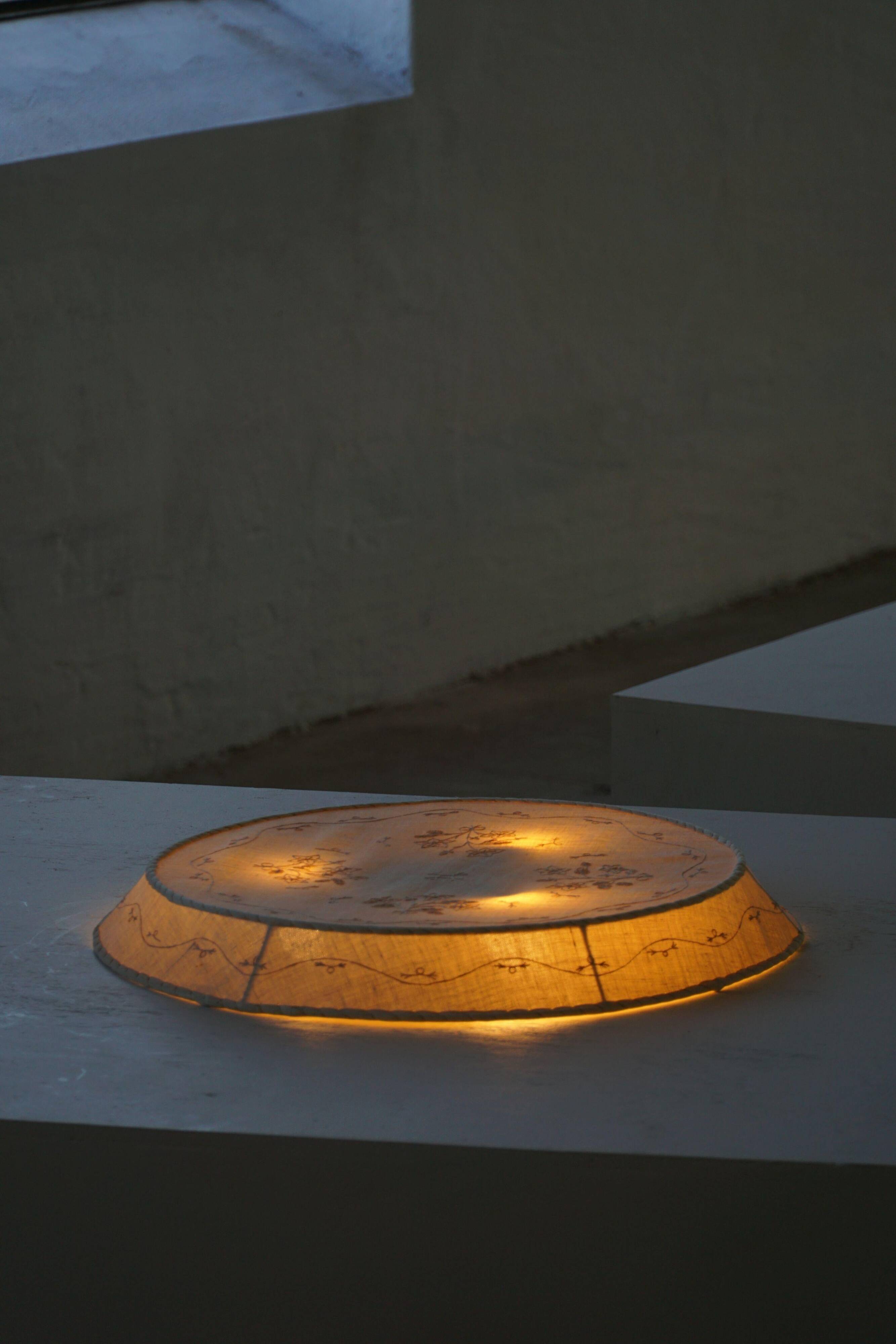 Large Swedish wall/ceiling light from the mid-century in linen and lace, Sweden, 1950s.