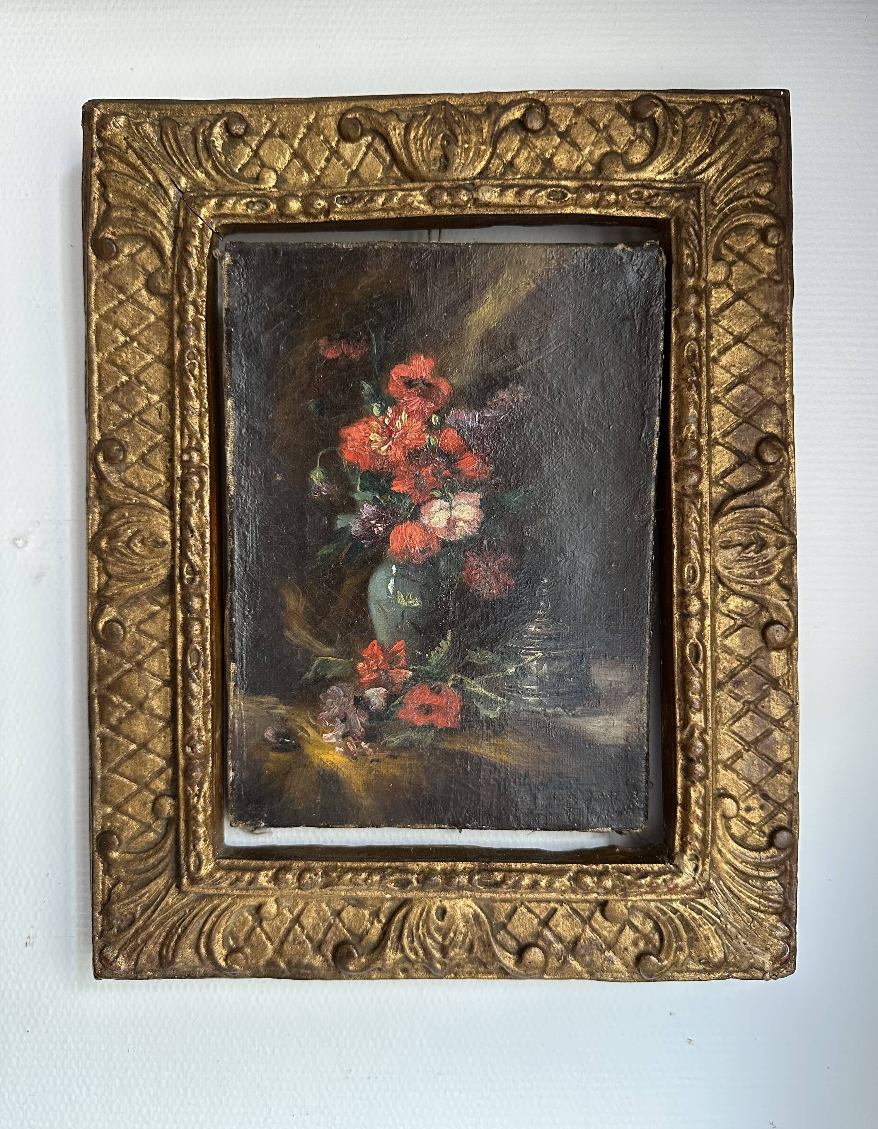 Tableau ancien fleurs signé avec cadre en bois et stuc doré, XIXe