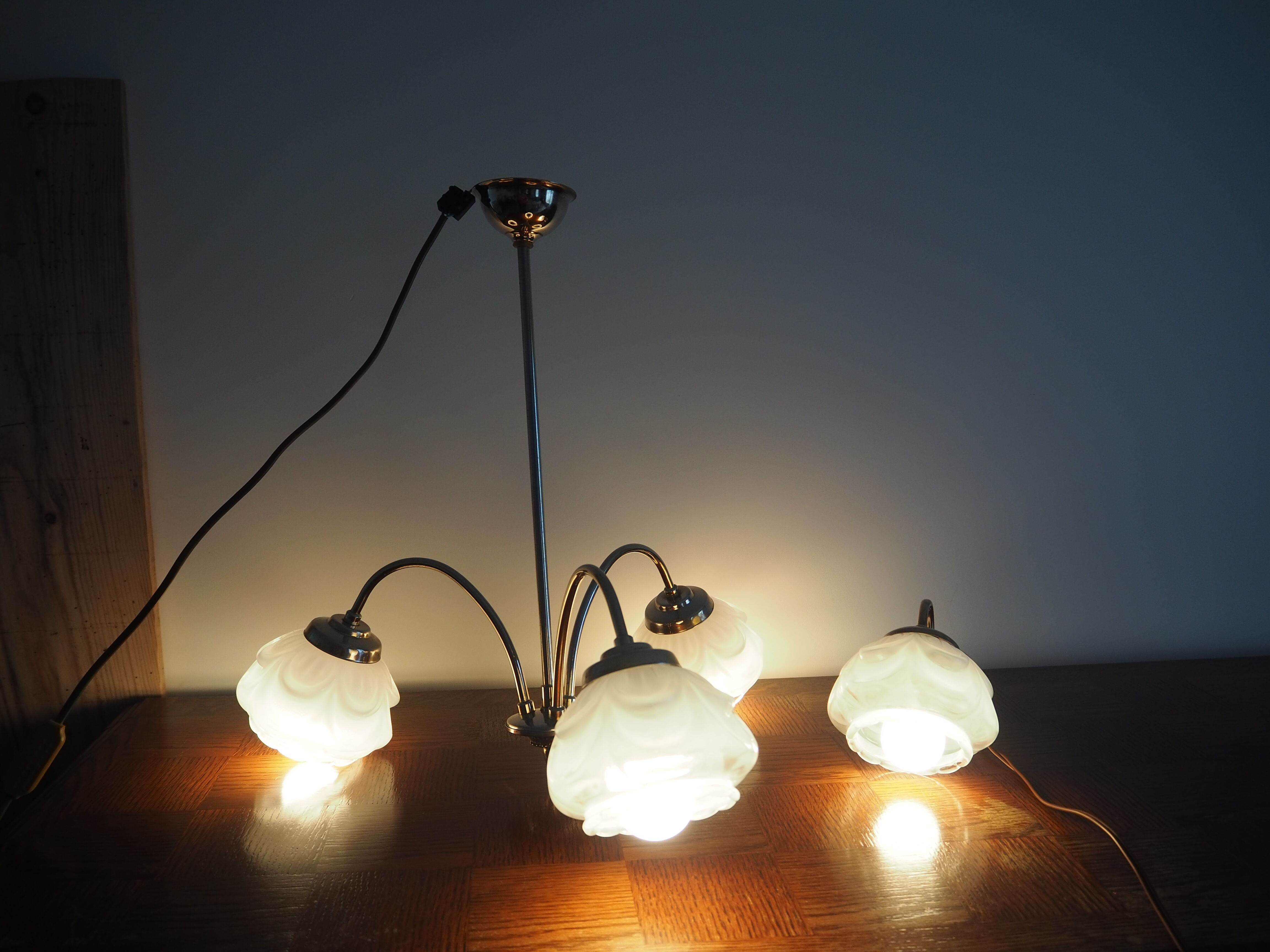 3-light pendant light in brass and white glass globe from the 1950s-1960s