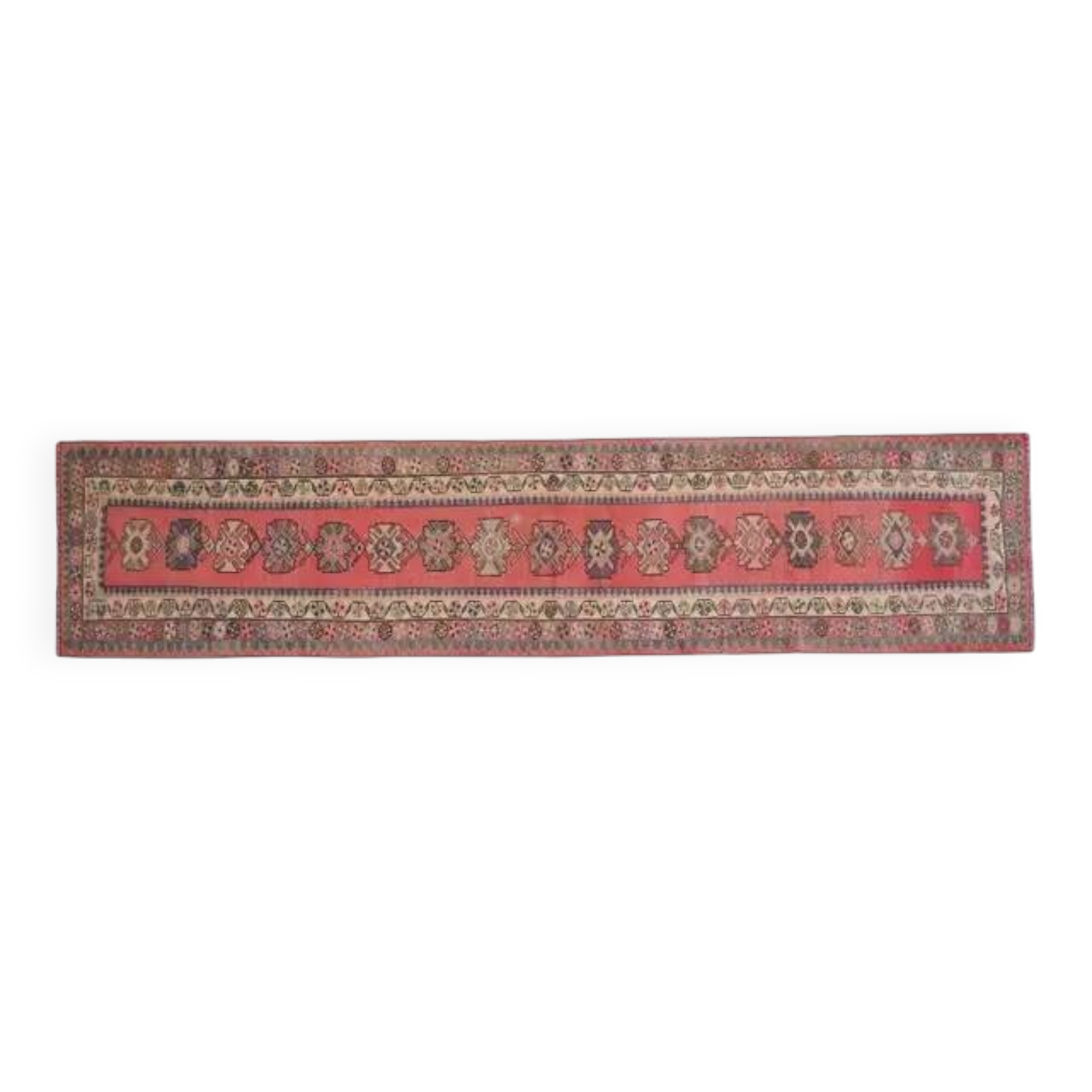 1970s Vintage Turkish Handmade Wool & Cotton Pink Runner Rug 82x359
