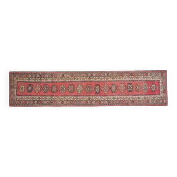 Tapis couloir vintage turc fait main en laine et coton rose des années 1970 82x359