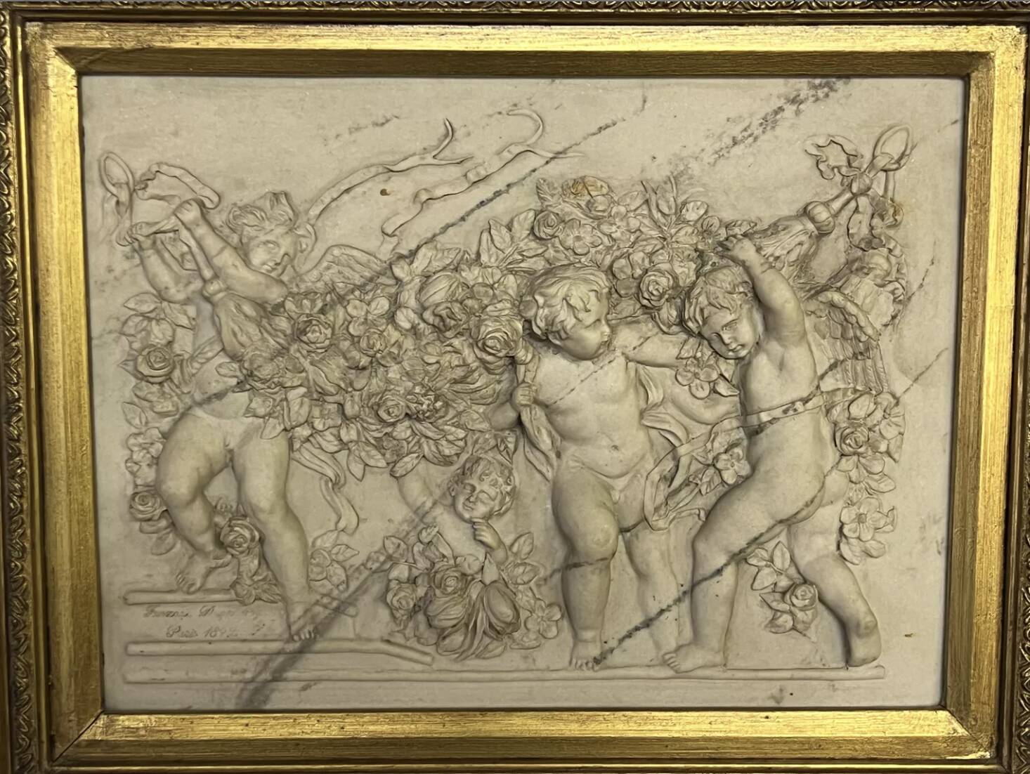 Marble high relief by François Duquesnoy "Putti, garlands and flowers" Paris