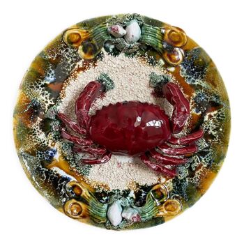 Rare assiette de crabe Palisy dans le style de F. Mendes de Caldas da Rainha, majolique portugaise antique
