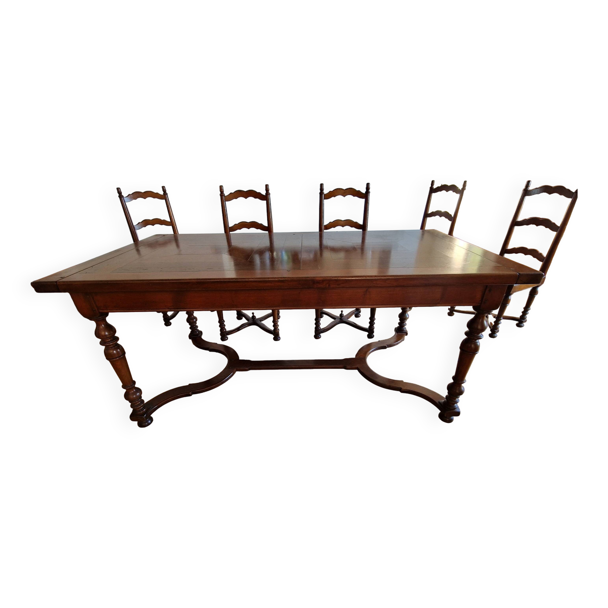 Marquetry wooden dining table with its 6 chairs.