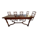 Marquetry wooden dining table with its 6 chairs.