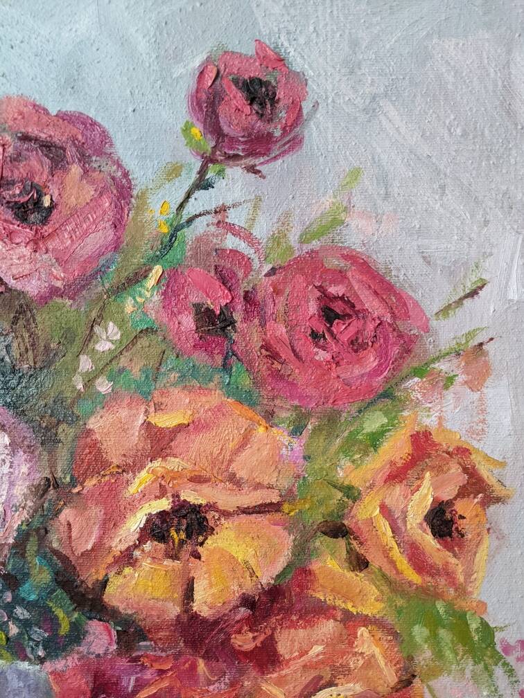 Acrylique sur toile nature morte contemporaine bouquet de fleurs bohème
