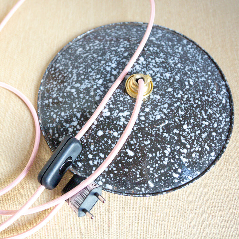 Walkway with lampshade speckled enamelled sheet metal
